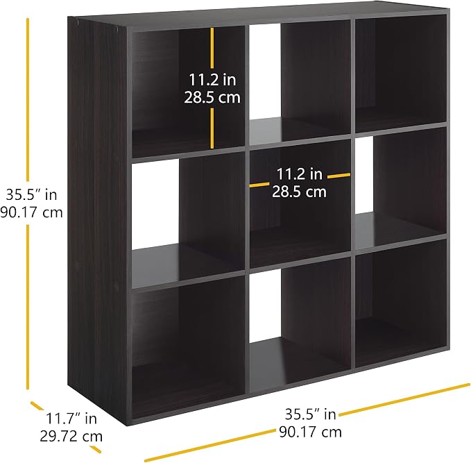 Whitmor 9 Cube Storage Organizer, 3 Tier Stackable Mdf Wood Bookcase, Open Storage Display Bookshelf, Storage Cabinet for Living Room, Bedroom, Home, Office, 35.5"L x 11.7"W x 35.5"H, Espresso
