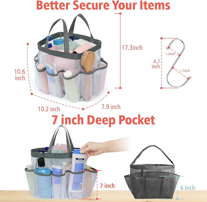Mesh Shower Caddy Portable - 8 Pockets, S-Hook, Shower Bag for Dorm Camping | 2-Handle, Quick-Dry, Hanging Toiletry Organizer, College Dorm Room Essentials for Girls, Gym, Travel & Bathroom, White