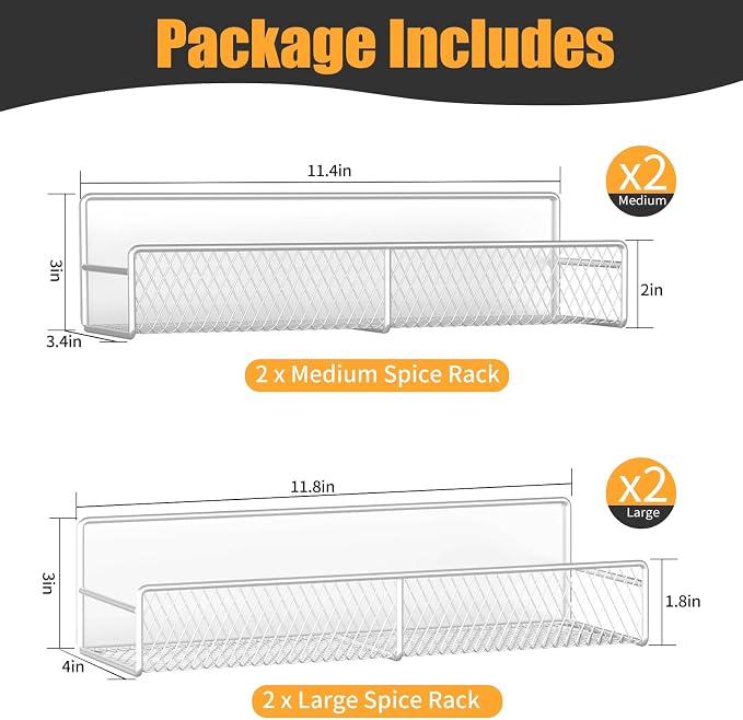 DTUQYX Magnetic Spice Rack for Refrigerator, 4 Pack 100% Metal Strong Magnet Fridge Shelves, Space Saving Spice Organizer, No Drilling Moveable Home Kitchen Laundry Room Storage Organization, White