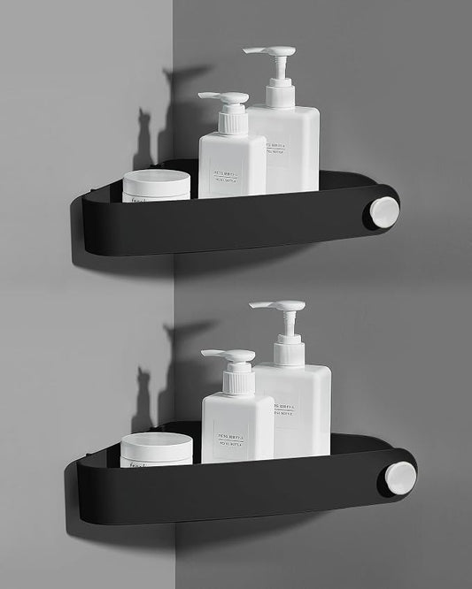 Sotfamily Plastic Shower Caddy Corner (for 90° Only), 2 Pack | Adhesive Corner Shower Shelves for Bathroom Organizers and Storage, Black