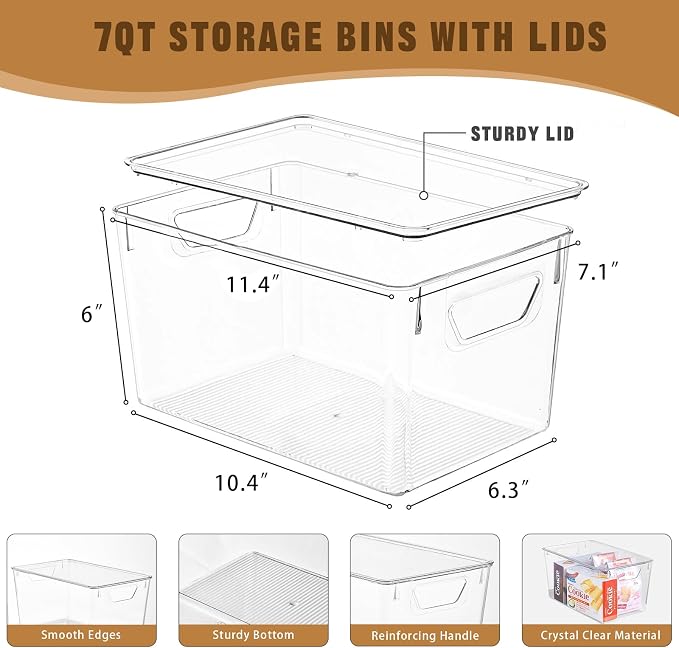 Freebat 6 Pack Clear Storage Bins with Lids, 7 Quart Pantry Organizer Bins | Stackable Plastic Storage Containers, Pantry Organization for Office, Bedroom, Cabinet, Fridge,Kitchen Organization