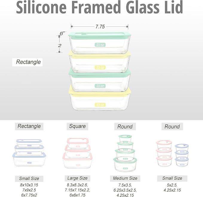 Glass Food Container Set with Glass Lid, 4 Pack, Food Storage Containers with Airtight Lid, LeakProof, 100% Plastic Free, Meal Prep Container Set