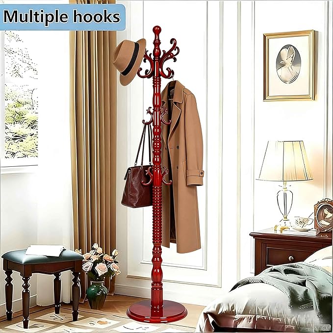 Coat Rack Freestanding, Wooden Coat Rack Stand with Sturdy Round Base, Vintage Coat Racks with 18 Hooks, Coat Hanger Stand for Entryway, Hallway,Bedroom (Reddish brown)