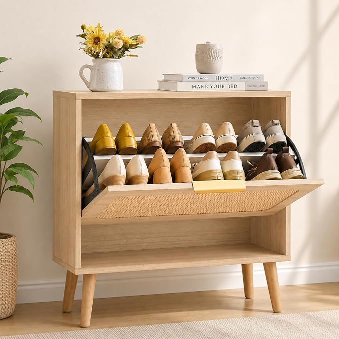 Shoe Cabinet, Rattan Shoe Storage Cabinet for Entryway with Flip Drawers | Singel Drawers, Breathable Rattan, Odor Resistant, Hidden Shoe Organizer, Slim Space Saving, Narrow Cabinet, Entryway Storage