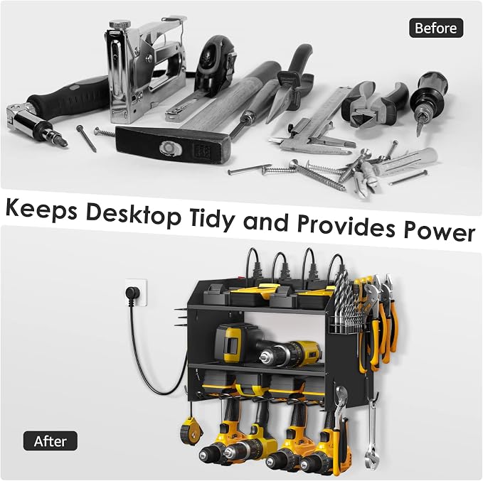 CCCEI Wall Mount Modular Tool Charging Organizer, Black, 1 Pack, 3 Tier. | Drill Battery Storage Rack with Hooks, Garage Workshop, Gifts for Men, Dad, Husband Anniversary, Birthday, Christmas