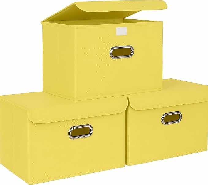 STOREONE Fabric Storage Cube Bins Foldable Organizer Container Collapsible Basket with Lids and Metal Handles, for Home, Bedroom, Closet 3 Pcs (multicolour-yellow)