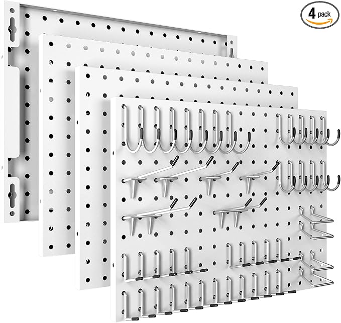 Spampur Peg Board, 4 Pack Metal Pegboard Panels with 50 Hooks | White Pegboards Wall Organizer, Heavy Duty Peg Board for Garage Tool Storage, Desk Office Organization, Craft Room, Kitchen