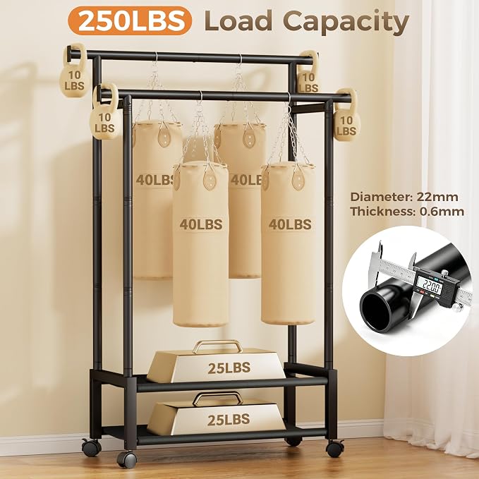Double Rod Clothing Rack with 2 Shelves, Rolling, Black | All tools included, metal frame, 4 casters with 2 locking, for bedroom, laundry, and entryway