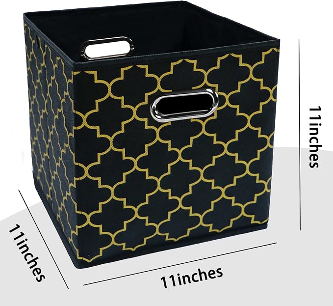 Black Foldable Storage Cubes Bins , Fabric Storage Box Cubes Organizer Baskets with Dual Handles for Home Organizer Black Gold