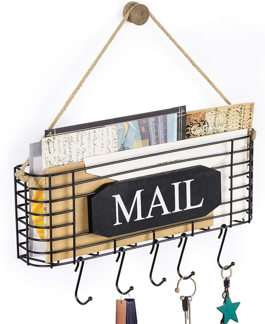 SRIWATANA Rustic Mail Organizer Wall Mount, 5 Key Hooks, Large Size, Black | Mail Holder Key Holder for Wall, Hanging Mail Sorter, Letter Basket for Receipts Bills Envelopes, Home & Office Organizer