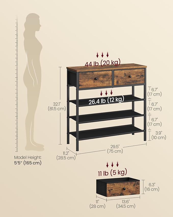 VASAGLE Shoe Rack, 4 Tier Shoe Storage Rack with 2 Fabric Drawers, Shoe Organizer for Entryway, with 3 Fabric Shelves and Wooden Top, Steel Frame, Modern Basic, Rustic Brown ULBS235KD01