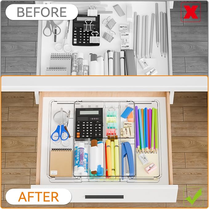 Yieach Expandable Desk Drawer Organizer Tray,1.8 Inch High Junk Drawer Organizer for Kitchen,Clear Shallow Office Drawer Organizers With 10 Compartments for Pencil,Pen,Office Supplies and Accessories