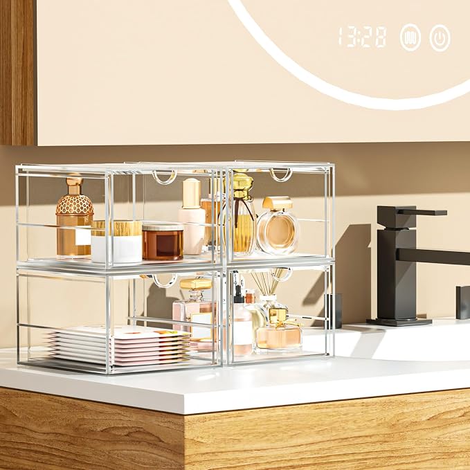caktraie 4-Pack Acrylic 6-Drawer Office & Makeup Storage Organizer,Desk | Smooth-glide drawers, clear body, dustproof, wipe clean, for stationery, lipsticks, blush palettes, hair clips, sticky notes