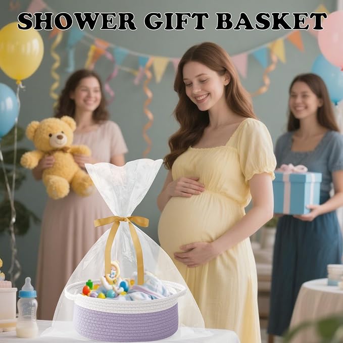 Woven Rope Basket - Baby Gift Basket with Bag & Ribbon, White&Purple | Cotton rope with handle, 12 x 8 x 5 in, gift bag and ribbon, for baby shower, birthday, toy storage, nursery, shelf decor