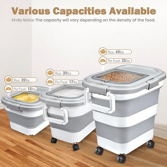 Rice Storage Container, Collapsible Airtight 10-40 Lb Rice Storage Container, 25lb Pet Dog Food Storage Container, Rice Dispenser Bin with Cup and Scoop for Flour Cereal Pasta Grain, Cat Bird