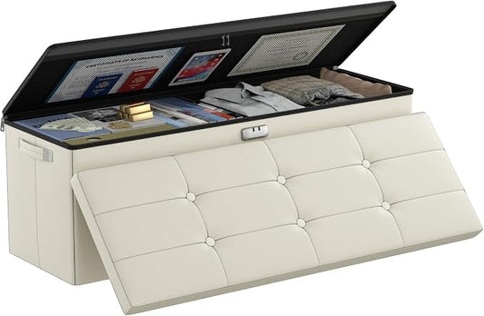 DocSafe Storage Ottoman Bench,Fireproof＆Waterproof Folding Bench with Lock(15”x 43”x15”),Leather Storage Chest with Handles＆2 Extra Boxes,Ottoman Safe for Bedroom,Living Room,Home Office,Beige