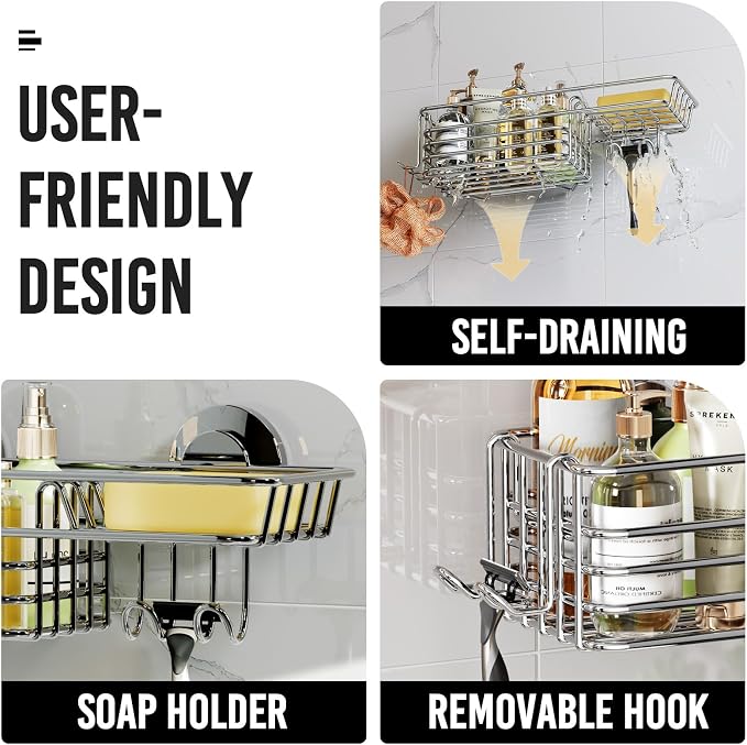 LEVERLOC Shower Caddy Suction Cup Shower Shelves Shower Holder，Silver | No Drill, Heavy Duty, Small, Wall Mount, Soap Holder, Shampoo Holder