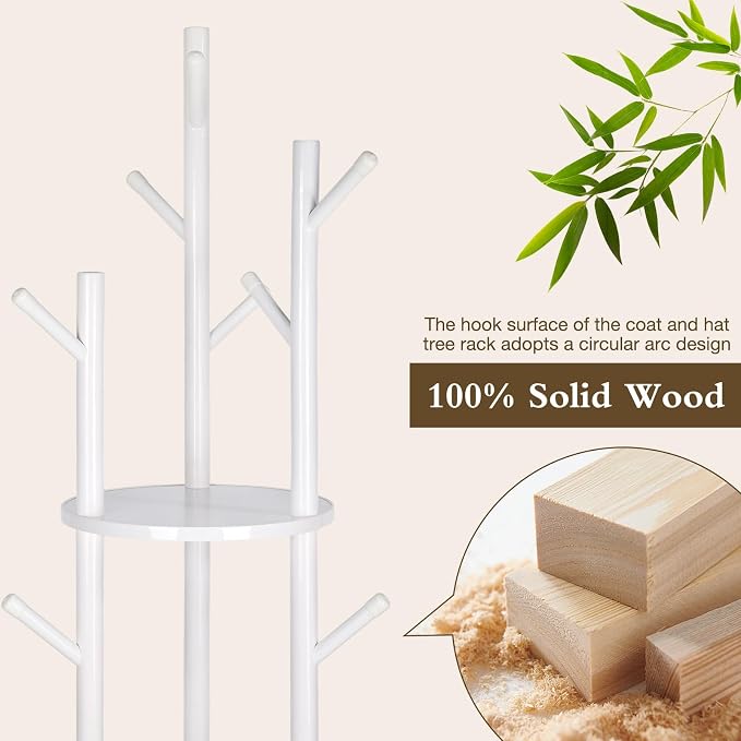 Wood Coat Rack Freestanding Rotary Coat tree with 3 Shelves and 9 Hooks | Heavy Duty Coat Rack Coat Hanger Stand for Entryway, Bedroom, Living Room – Holds Jackets, Coats, Hats, Bags (White)