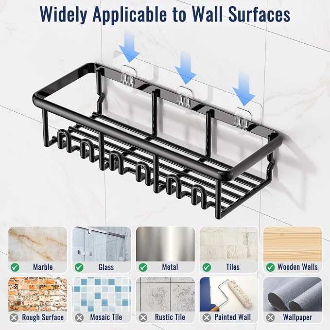 8 Pack Adhesive Rustproof Shower Caddy with Soap Dishes, Toothbrush Holder & Hooks, Large Capacity No-Drilling Shower Shelves Rack for Bathroom Organizers and Storage Accessories, Black