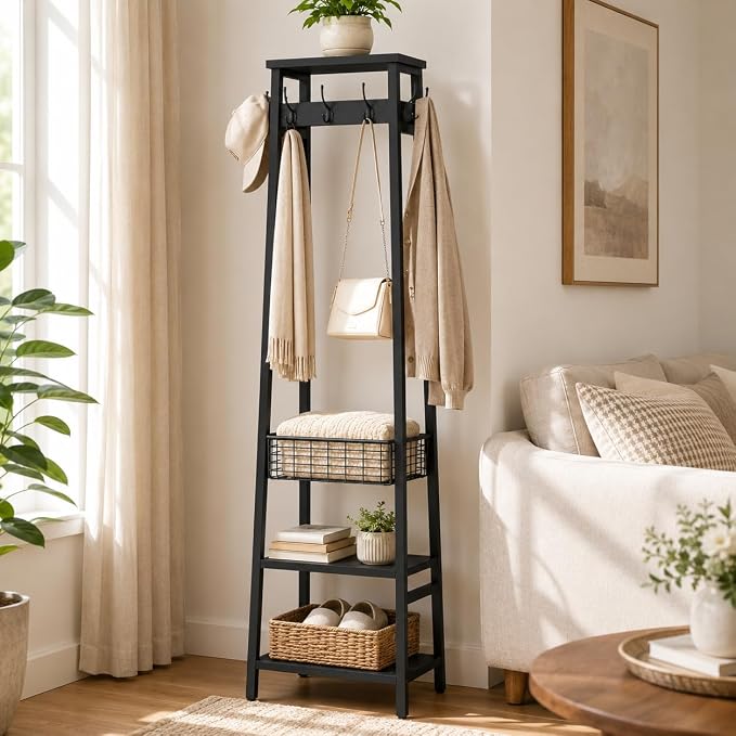 Coat Rack with Metal Basket and Storage Shelves | Coat Stand Freestanding, Hall Tree With and 7 Hooks, Clothes Rack Stand Organizer, Black