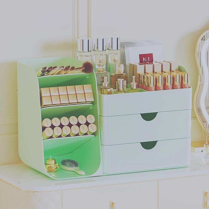 Makeup Organizer with Drawers, Large Capacity Countertop Organizer for Vanity, Bathroom and Bedroom Desk Cosmetics Organizer, Easy To Storage Skincare, Brushes, Eyeshadow, Lipstick (All Green)
