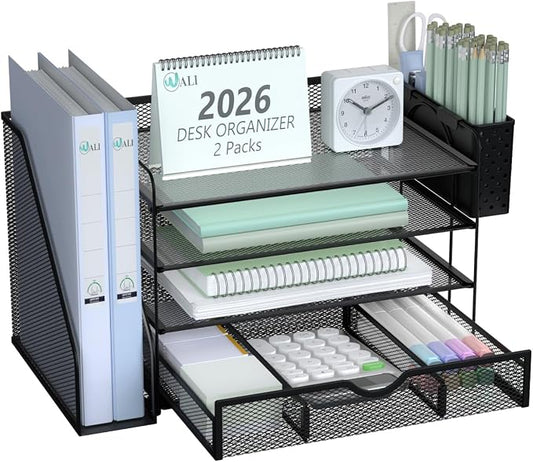 WALI Desk File Organizer, 4 Tier Desktop Paper Letter Tray Organizer with Drawer and 2 Pen Holders, Office Desk Accessories & Workspace Organizers for Office, Home Supplies(DO005DH-2B), 2 Packs, Black