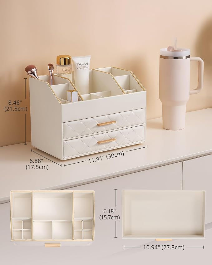 Lolalet 3-Layer PU Leather Makeup Organizer for Cosmetic Vanity -Beige | Large Bedroom Dsek Countertop Cosmetic Organizer with Brush Holder, Skincare Storage for Lipsticks, Nail Polish, Perfume
