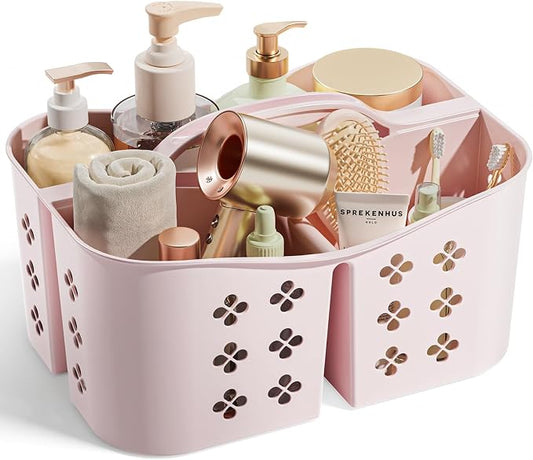 Portable Shower Caddy with Handle, Large Capacity Shower Basket Organizer, Quick-Drain Bathroom Storage Tote, Durable Plastic Shower Organizer for College Dorm, Beach, Gym, Travel Essentials, Pink