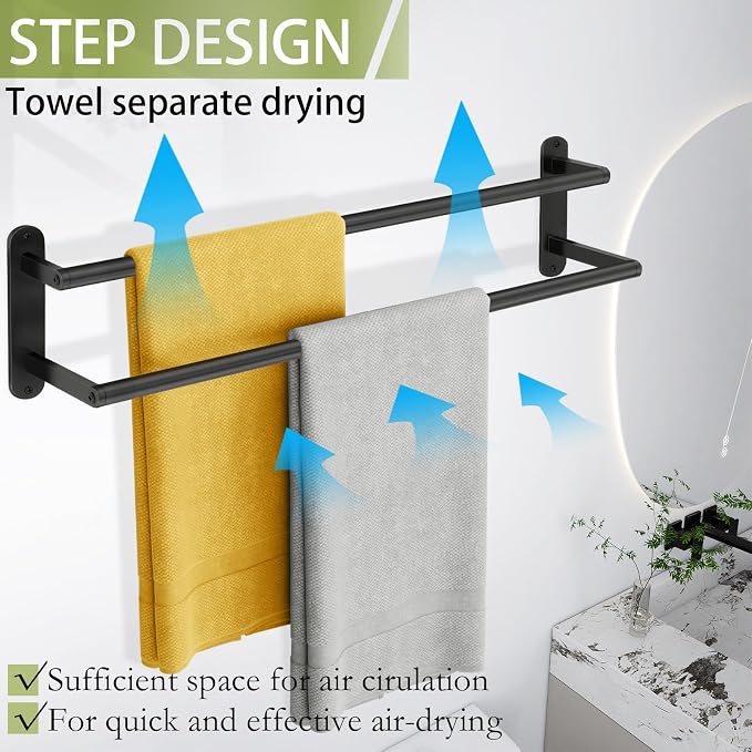 Towel Racks for Bathroom, Double Towel Bar 24Inch, Stainless Steel Bathroom Towel Holder, Double Towel Rod Wall Mounted Towel Hanger, Bathroom Towel Rack(Matte Black)