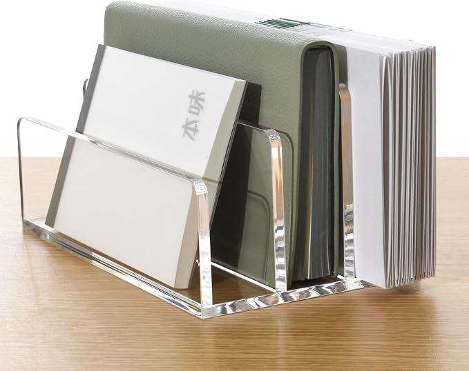 3 Compartments Clear Acrylic Mail Holder – Vertical Letter Sorter & Multifunction Desk Organizer for Bills, Documents, Notebooks – Modern Office/Home Envelope File Rack