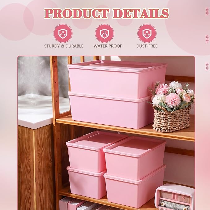 6 Pcs Large and Small Plastic Storage Bins with Lids 14.4 x 10.4 x 5.1 Inch Stackable Storage Containers Decorative Cubby Organizer for Clothes Shelves Garage Closet Office(Pink)