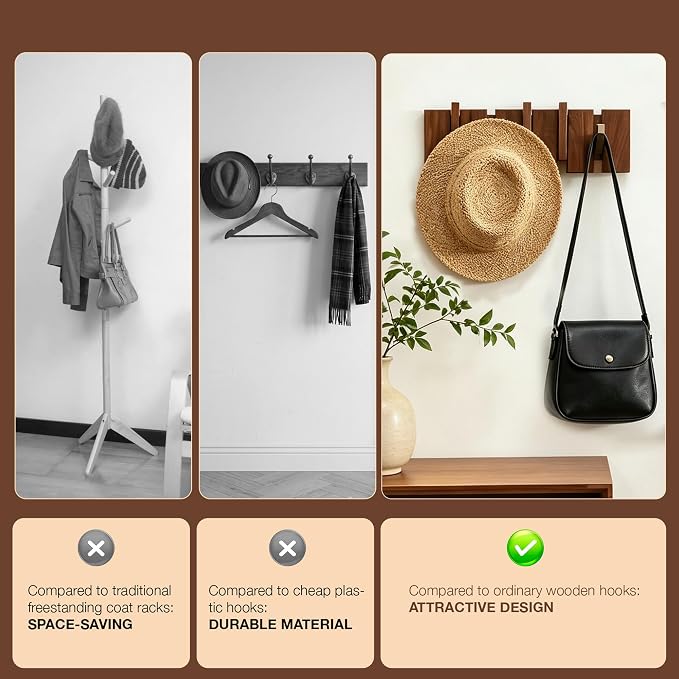 Wood Coat Rack Wall Mount - Large Walnut Piano Coat Rack wtih 5 Hooks for Hanging Clothes,Keys,Robes,Purse,Towels,Modern Decorative Wall hooks Heavy Duty Hanger Organizer for Bathroom/Bedroom/Entryway