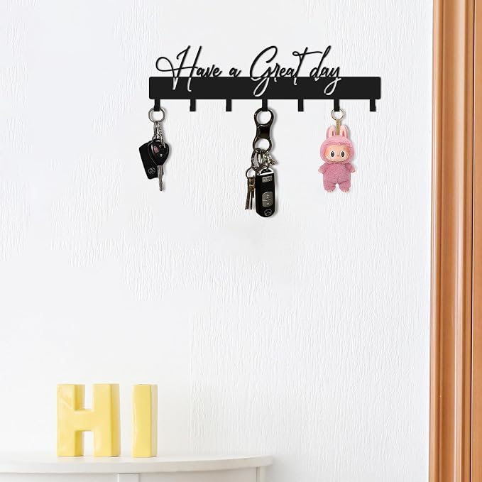 Have a Great Day Key Hooks for Wall Decoration,Delicate Fashion Black Metal Key Holder Wall Mount,Have a Great Day Key Hanger with 7 Kooks for Hallway,Office