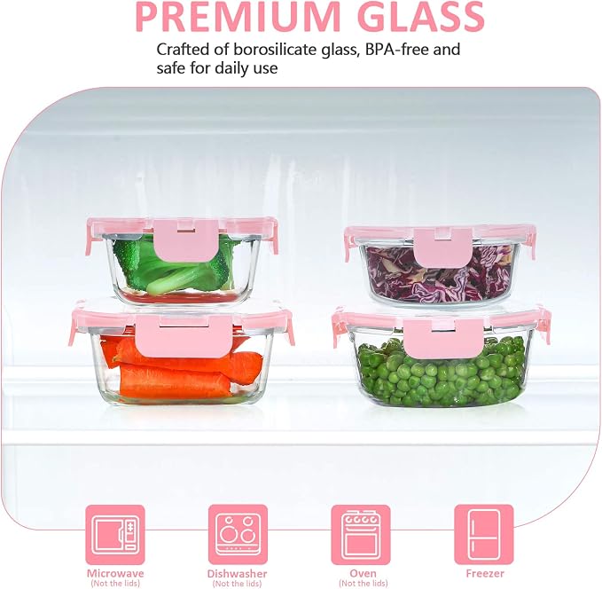 24 Pieces Glass Food Storage Containers Set, Meal Prep Containers, BPA-Free Airtight Glass Storage Containers with lids,Freezer, Microwave and Oven Safe,Pink