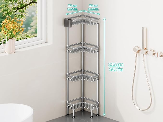 HapiRm Standing Shower Caddy Corner - 4 Tier Corner Shower Organizer with Toothbrush Holder and 16 Hooks, Large Capacity Rustproof Bathroom Shelves for Tall Bottles, Silver