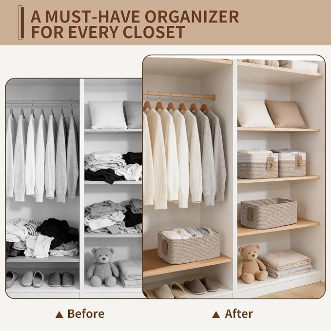 Goodpick 4 Pack Woven Rope Storage Baskets for Shelves, Brown | 13" x 8" x 6", Rectangle Design, Reinforced Handles, Shelf & Closet Organization, Baby Toys, Books, Gifts & Nursery Storage