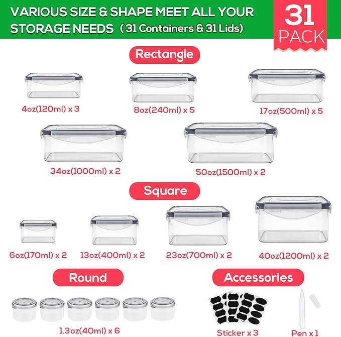 62PCS Thick Food Storage Containers with Airtight Lids for Meal Prep | BPA-Free Plastic Food Container Set for Leftovers, Snacks, Lunch, Fruit, Freezer Storage & Kitchen Organization, Leakproof