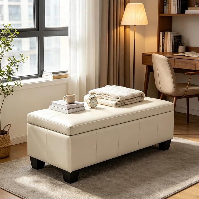 41.5 Inch Cream White Faux Leather Storage Ottoman Bench for Bedroom | 2.8 cu ft hidden storage,660 lbs weight capacity,soft padded seat,solid wood legs for indoor home use