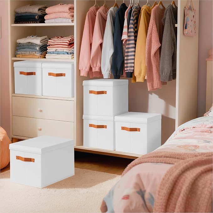 Homsorout Storage Bins with Lids - Large Fabric Closet Bins with Lid, 6 Pack Clothes Organizers and Storage, Collapsible Stackable Cube Basket for Home, Office, Dorm, White