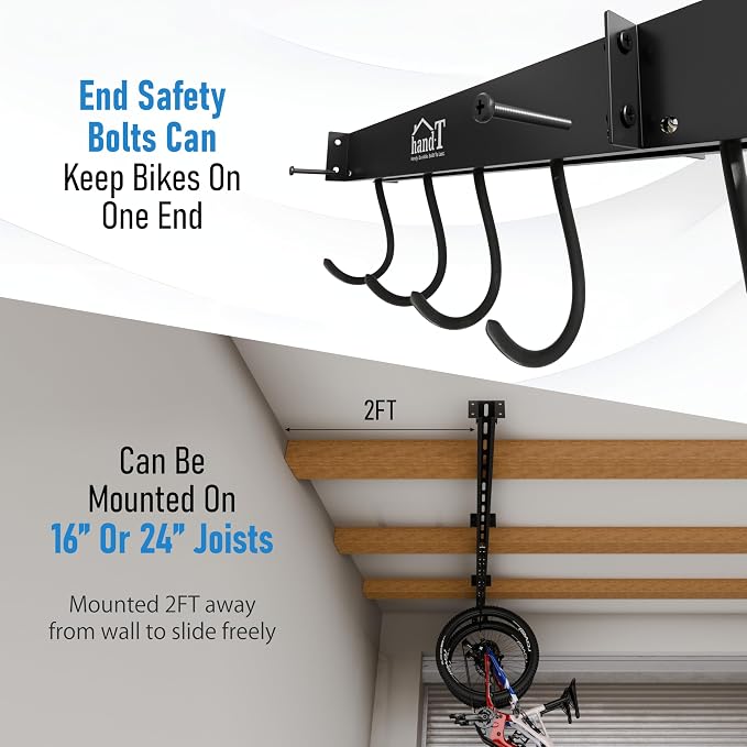 USA Based Ceiling Bike Rack Garage Storage Mount, Bicycle Hanger For Up To 6 Bikes, Sliding 51" Heavy Duty Hook Racks With Padded Hanging Mounts, Hooks Hangers (Black, 1 Rail - 2 Hooks)