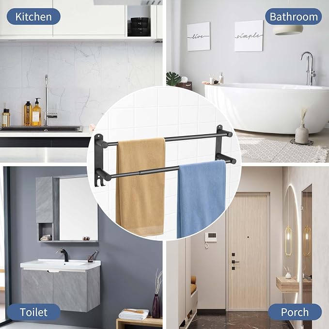 Black Double Towel Bar，Stretchable Double Towel Holder | Stainless steel bathroom towel rack, stainless steel towel holder, suitable for bathrooms and kitchens