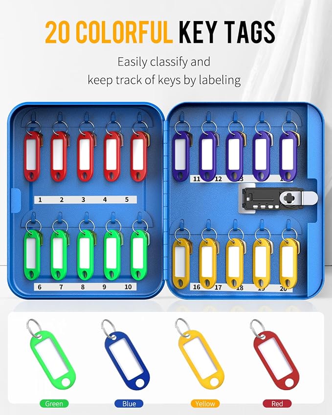 Uniclife 20 Position Key Cabinet with Combination Lock Resettable Blue Digital Security Storage Box Steel Key Organizer with Colorful Key Tag Labels Stickers and Hooks