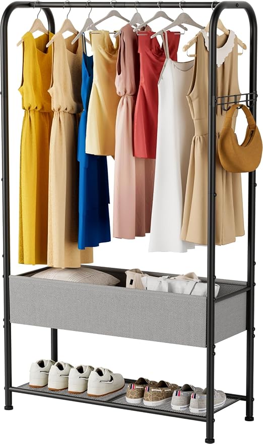 SINGAYE Wardrobe Standing Closet Clothing Rack With Shelf Hanging Clothes | Wardrobe Open Compact Small Metal Garment Hanger Stand Alone Free Standing Black Closet Rack Storage Organizer Heavy Duty