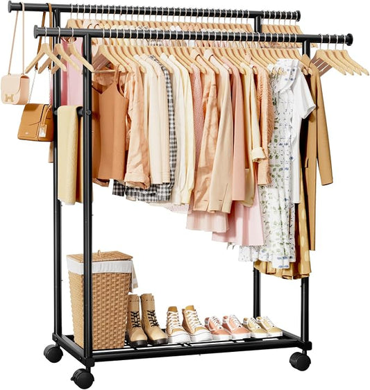 Sakugi Double Rods Clothes Rack - Metal Clothing Rack with Fixed Double Rods, Rolling Wheels & Built-In Shelf for Closet, Bedroom, Laundry Storage (45.6" x 17" x 61", Black)