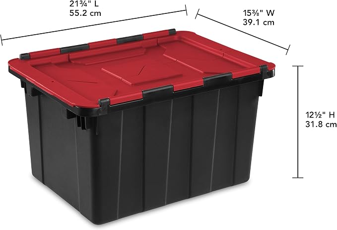 Sterilite 12 Gal Hinged Lid Industrial Tote, Stackable Storage Bin with Hinge Lid, Plastic Container to Organize Basement, Black with Red Lid, 6-Pack | Heavy-Duty and Stackable Utility Box Containers for Home, Office, and Basement Organization, Black/Red