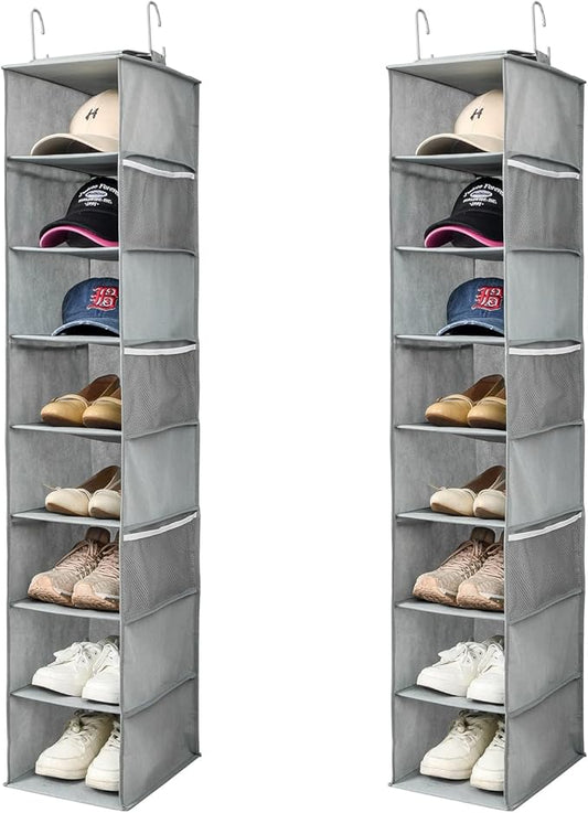Berdeng Hanging Shoe Organizer for Closet with Side Mesh Pockets，Hat Racks for Baseball Caps，Shoe and Hat Holder & Storage，8-Shelf，Gray，2 Pack