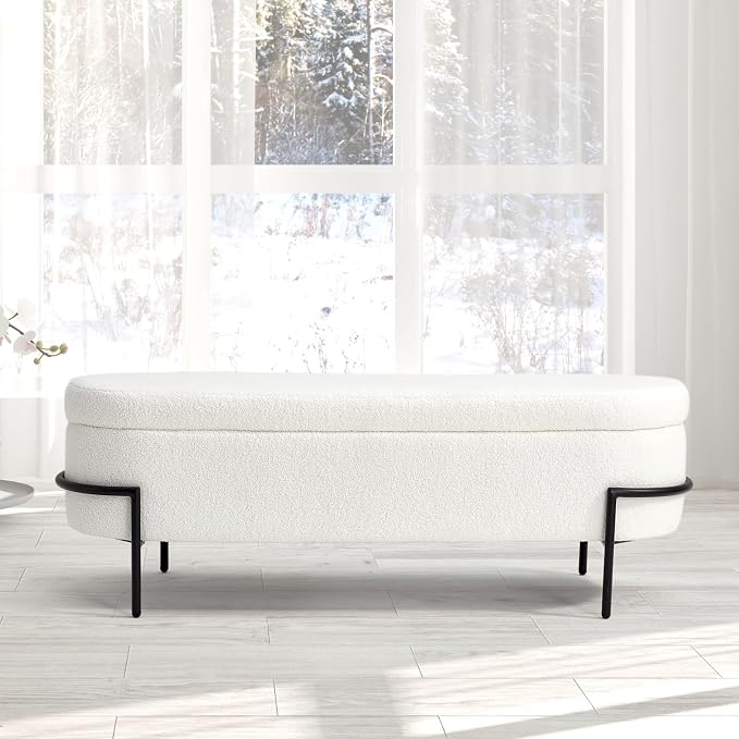 FiveWillowise 52 Inch Sherpa Storage Ottoman Bench,End of Bed Bench | Upholstered Boucle Storage Bench with Storage,Metal Stand and Hinges,Oval Ottomans for Living Room,Bedroom,White