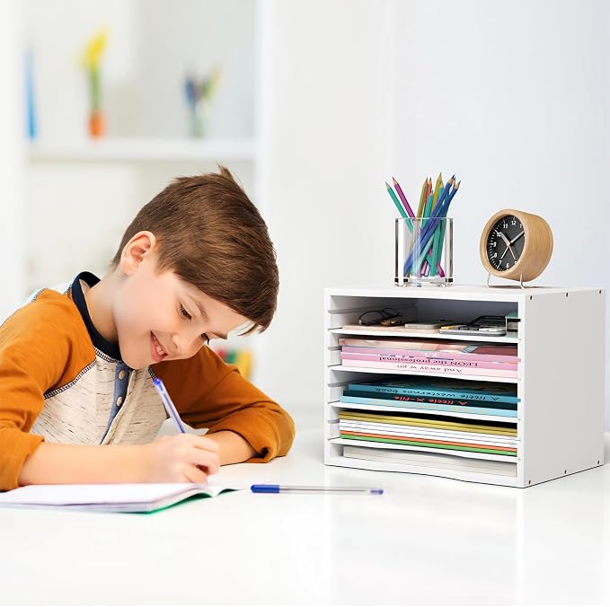 Bamjoy Bamboo 5 Tier Desktop Organizer, Paper Organizer Mail Sorter, File Holder Letter Document Storage with Adjustable Shelves for School Home Office, White
