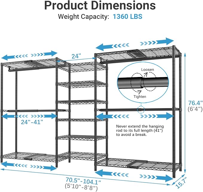 VIPEK X3 Plus Large Expandable Closet Rack Wardrobe Closet Organizer Black | Freestanding Clothes Racks with Adjustable Shelves and Hanger Rods from 5'10" to 8'8", Large Modular Closet Systems 1360LBS