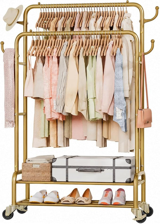 Homde Sturdy Garment Rack for Bedroom: 265 lbs Heavy Duty Clothes Organizer | 2 Hanging Rods Hold Coat to T-Shirt - Easy Roll & Park on Wheels - Metal Frame Stays Solid & Stable at Full Load